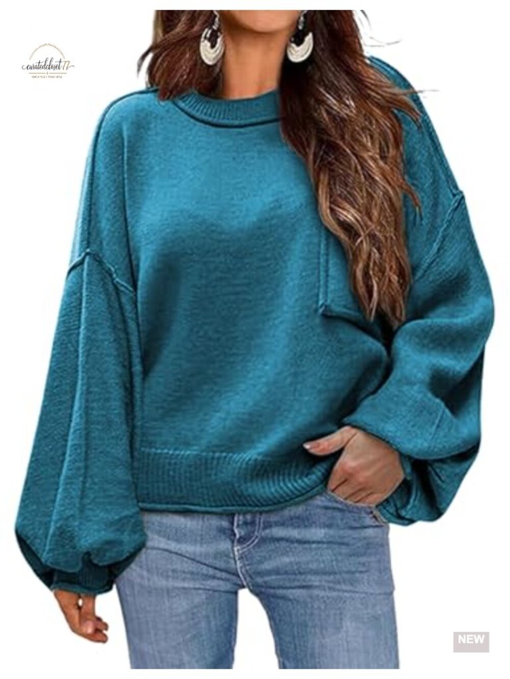 Oversized Lantern Sleeve Knitted Pullover Sweater Crewneck